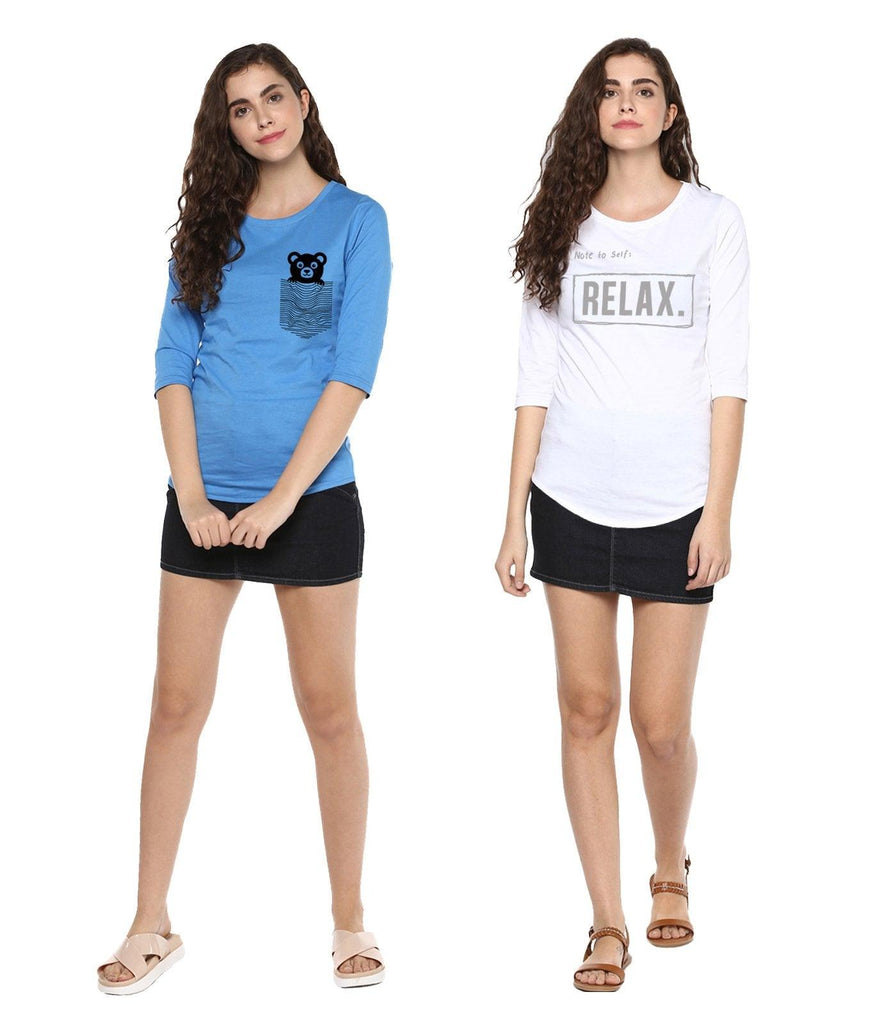Young Trendz Womens Combo 3/4th Sleeve Teddy Printed Sky Blue Color and Note2relax Printed White Color Tshirts - Young Trendz