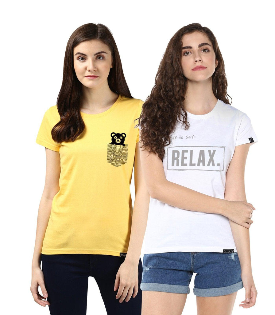 Young Trendz Womens Combo Half Sleeve Teddy Printed Yellow Color and Noterelax Printed White Color Tshirts - Young Trendz