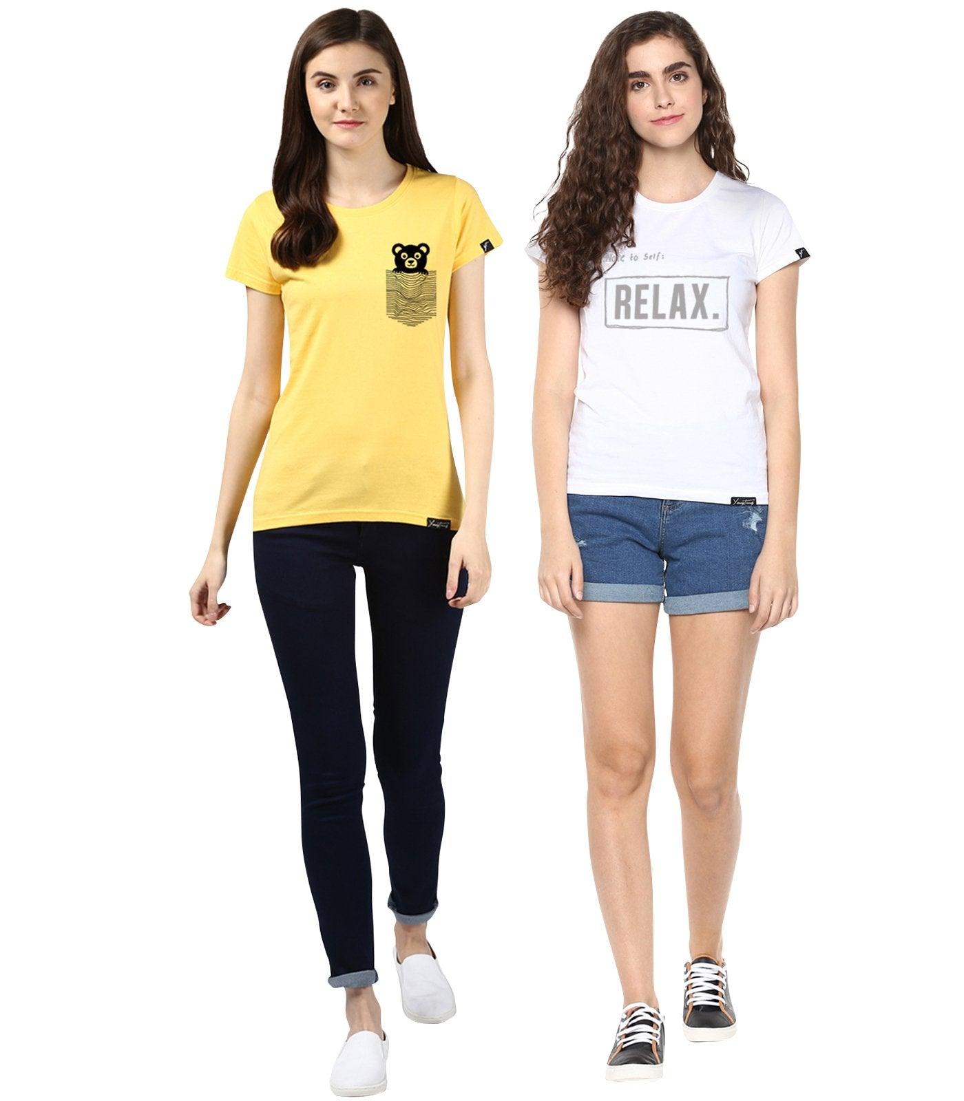 Young Trendz Womens Combo Half Sleeve Teddy Printed Yellow Color and Noterelax Printed White Color Tshirts - Young Trendz