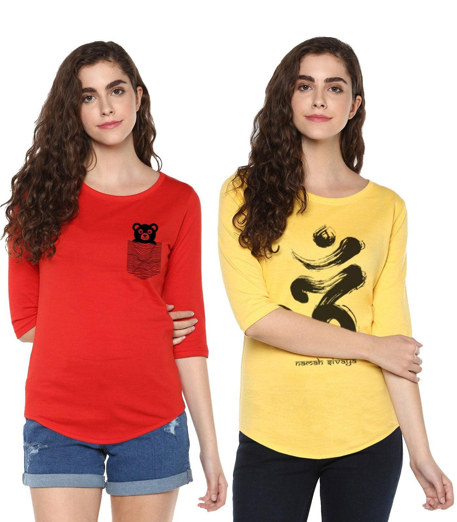 Young Trendz Womens Combo 3/4th Sleeve Teddy Printed Red Color and Omm Printed Yellow Color Tshirts - Young Trendz