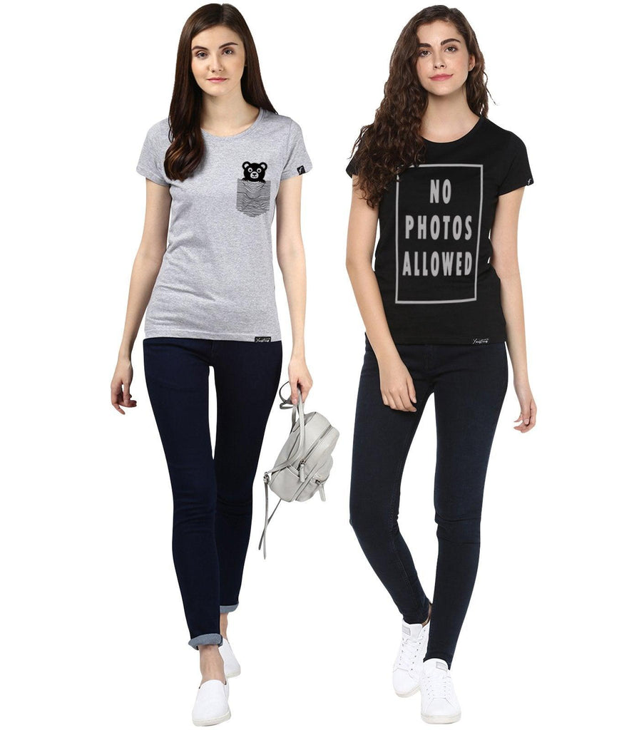 Young Trendz Womens Combo Half Sleeve Teddy Printed Grey Color and Nophoto Printed Black Color Tshirts - Young Trendz