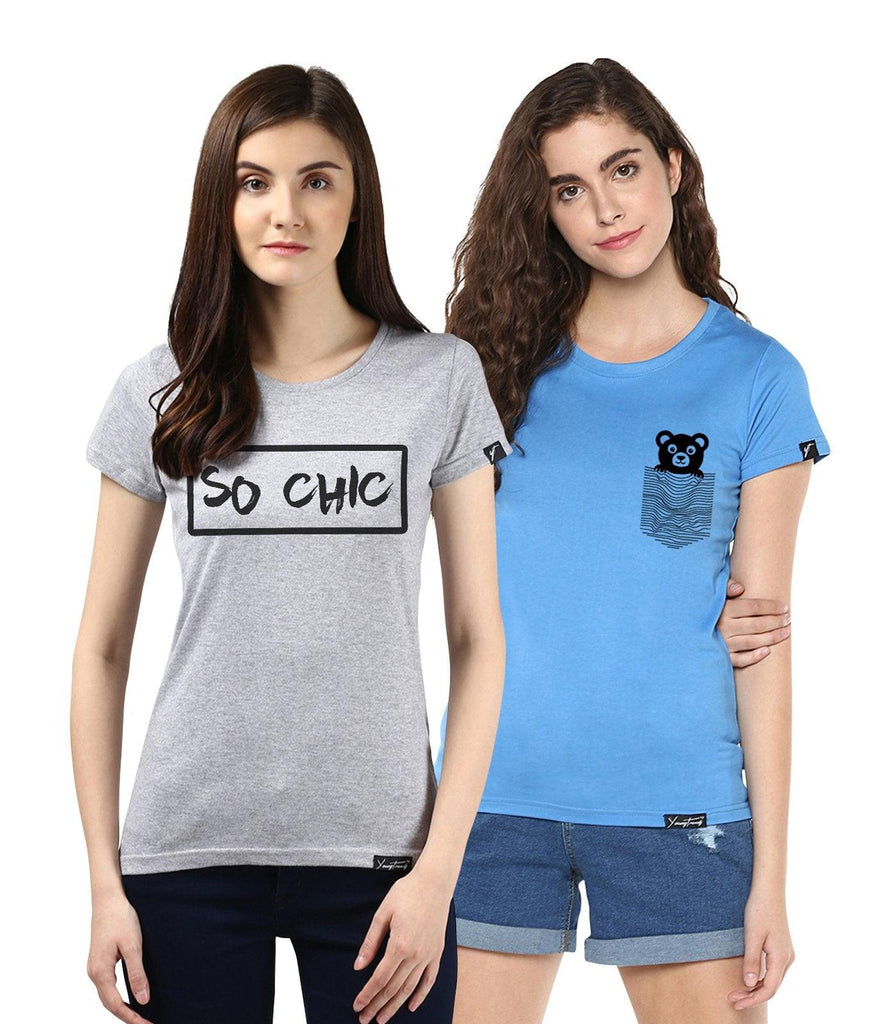 Young Trendz Womens Combo Half Sleeve Teddy Printed Skyblue Color and Sochic Printed Grey Color Tshirts - Young Trendz