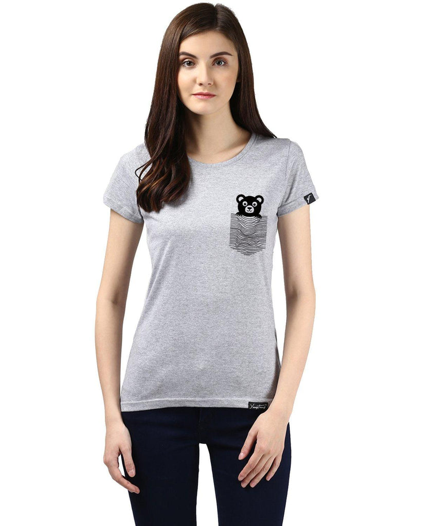 Womens Half Sleeve Teddybear Printed Grey Color Tshirts - Young Trendz