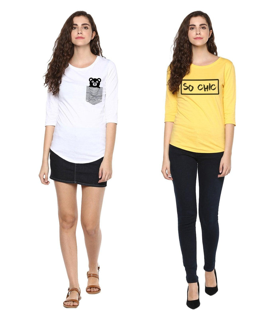 Young Trendz Womens Combo 3/4th Sleeve Teddy Printed White Color and Sochic Printed Yellow Color Tshirts - Young Trendz