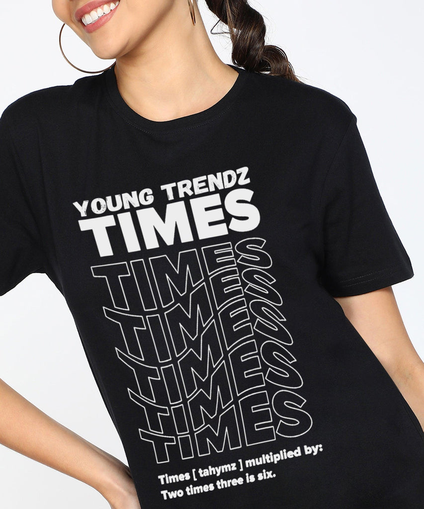 Womens Over Size Half Sleeve Printed T.shirts (Black) - Young Trendz