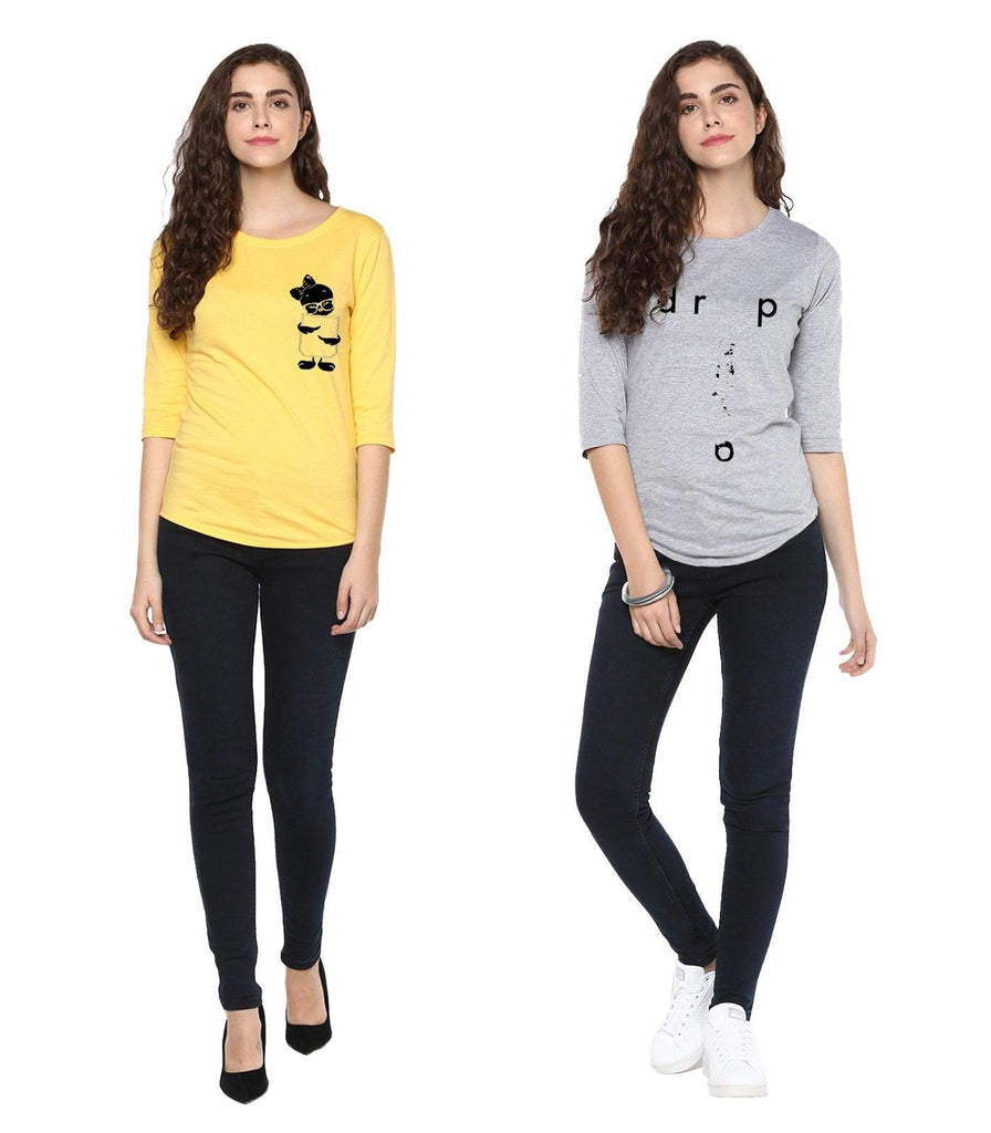 Young Trendz Womens Combo 3/4th Sleeve Tweety Printed Yellow Color and Drop Printed Grey Color Tshirts - Young Trendz