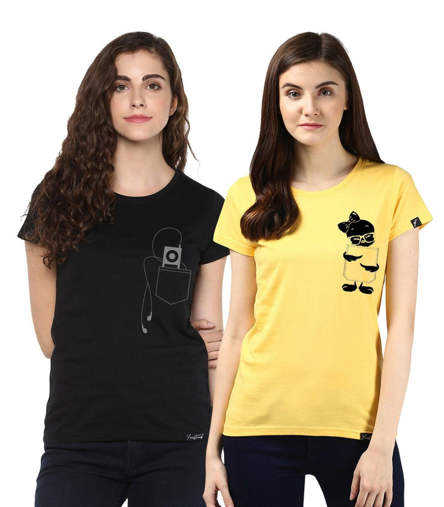 Young Trendz Womens Combo Half Sleeve Tweety Printed Yellow Color and Headphone Printed Black Color Tshirts - Young Trendz