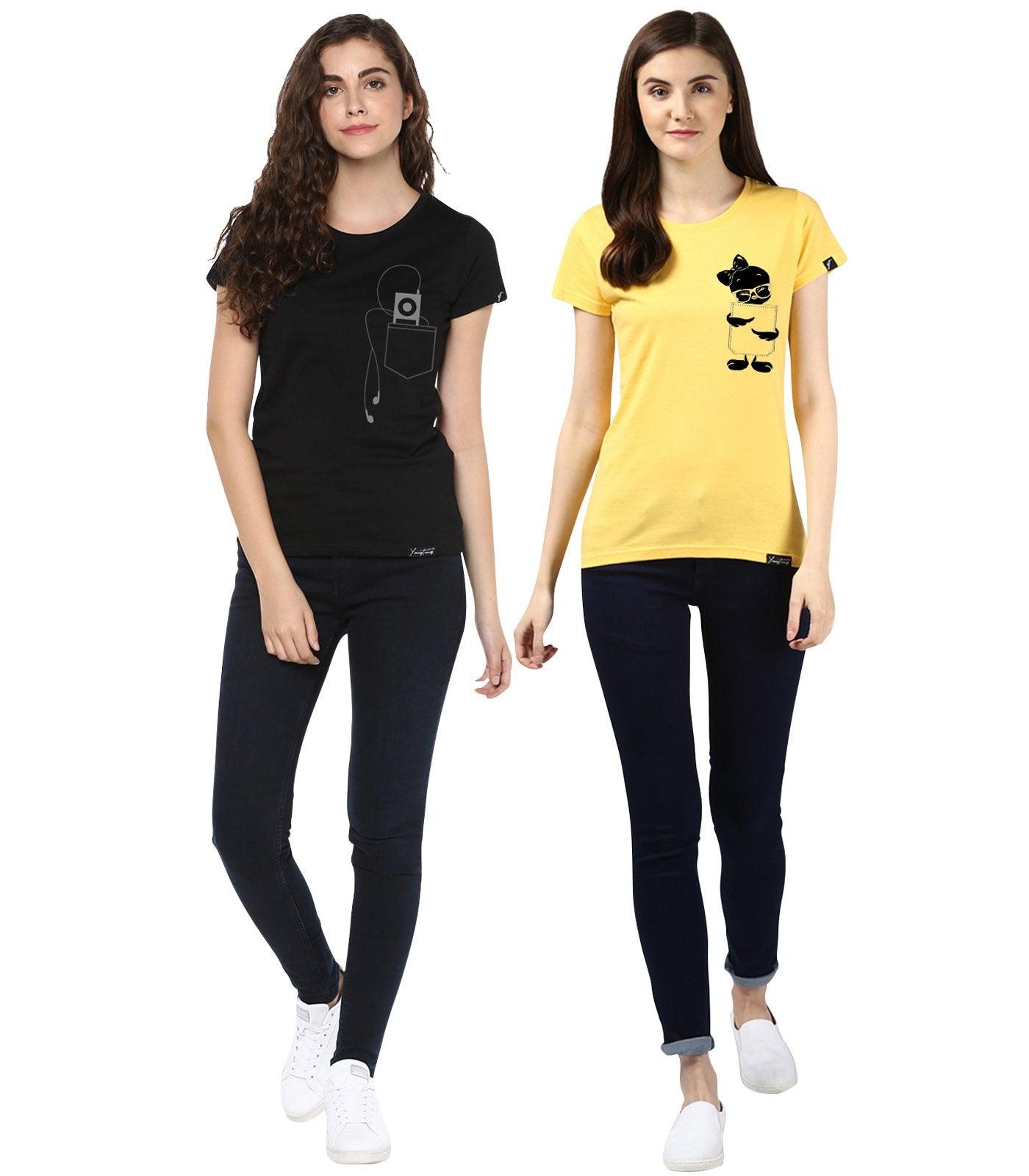 Young Trendz Womens Combo Half Sleeve Tweety Printed Yellow Color and Headphone Printed Black Color Tshirts - Young Trendz