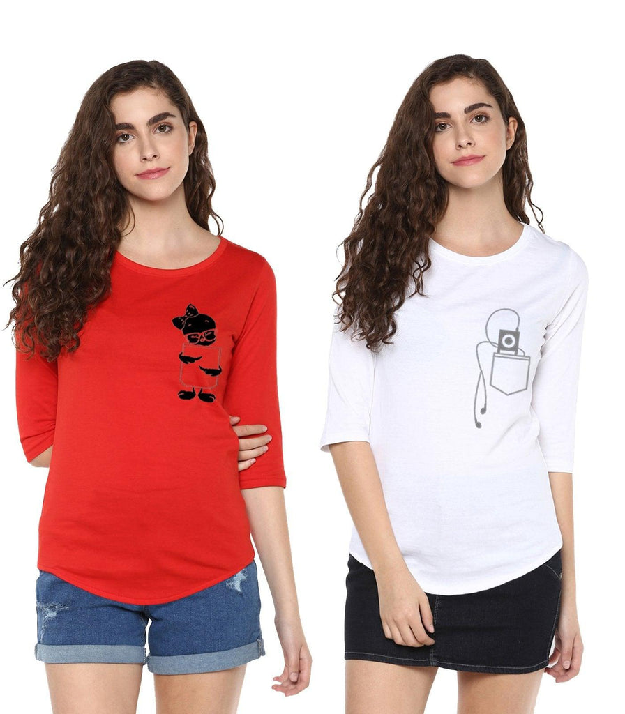 Young Trendz Womens Combo 3/4th Sleeve Tweety Printed Red Color and Headphone Printed White Color Tshirts - Young Trendz