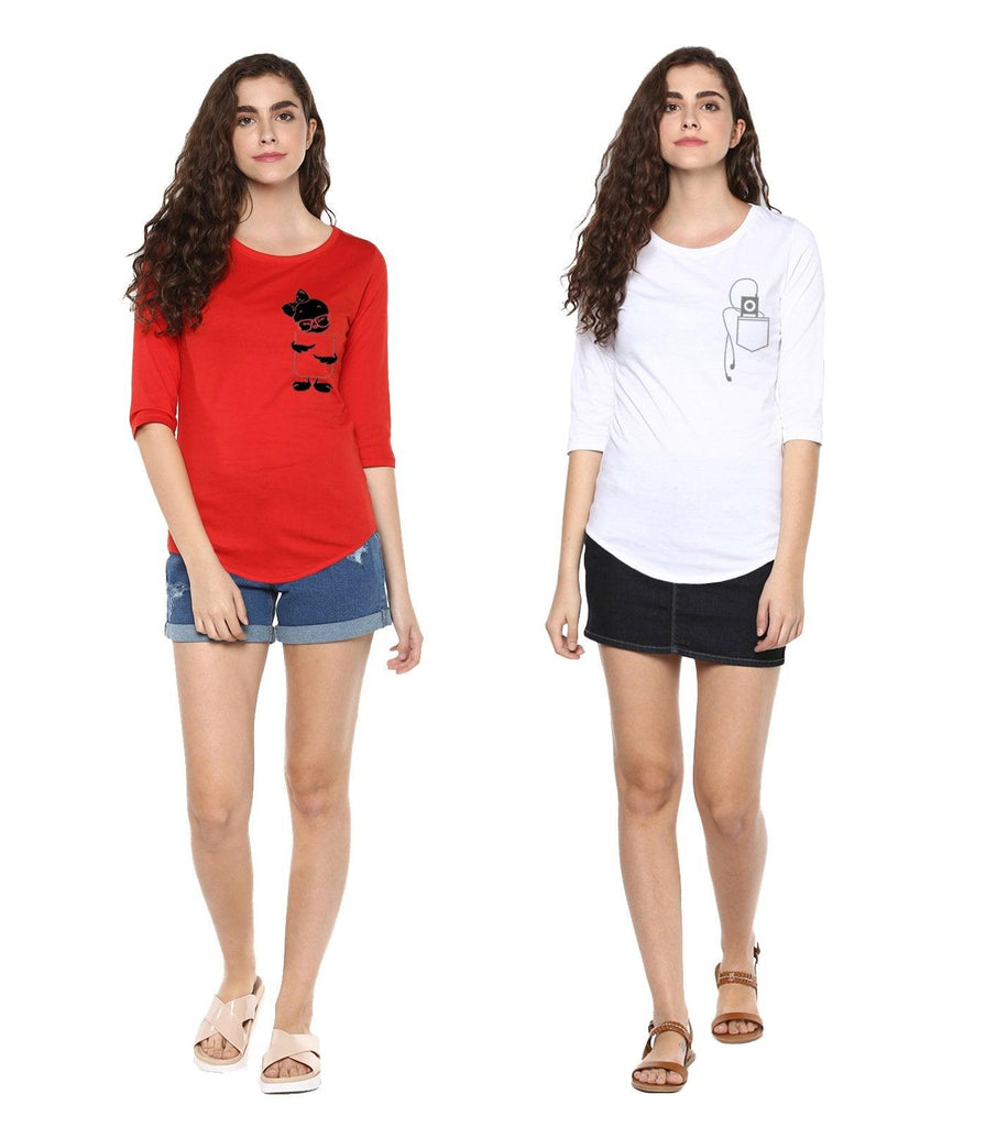 Young Trendz Womens Combo 3/4th Sleeve Tweety Printed Red Color and Headphone Printed White Color Tshirts - Young Trendz