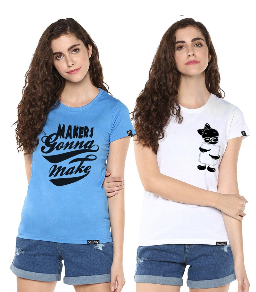 Young Trendz Womens Combo Half Sleeve Tweety Printed White Color and Maker Printed Skyblue Color Tshirts - Young Trendz