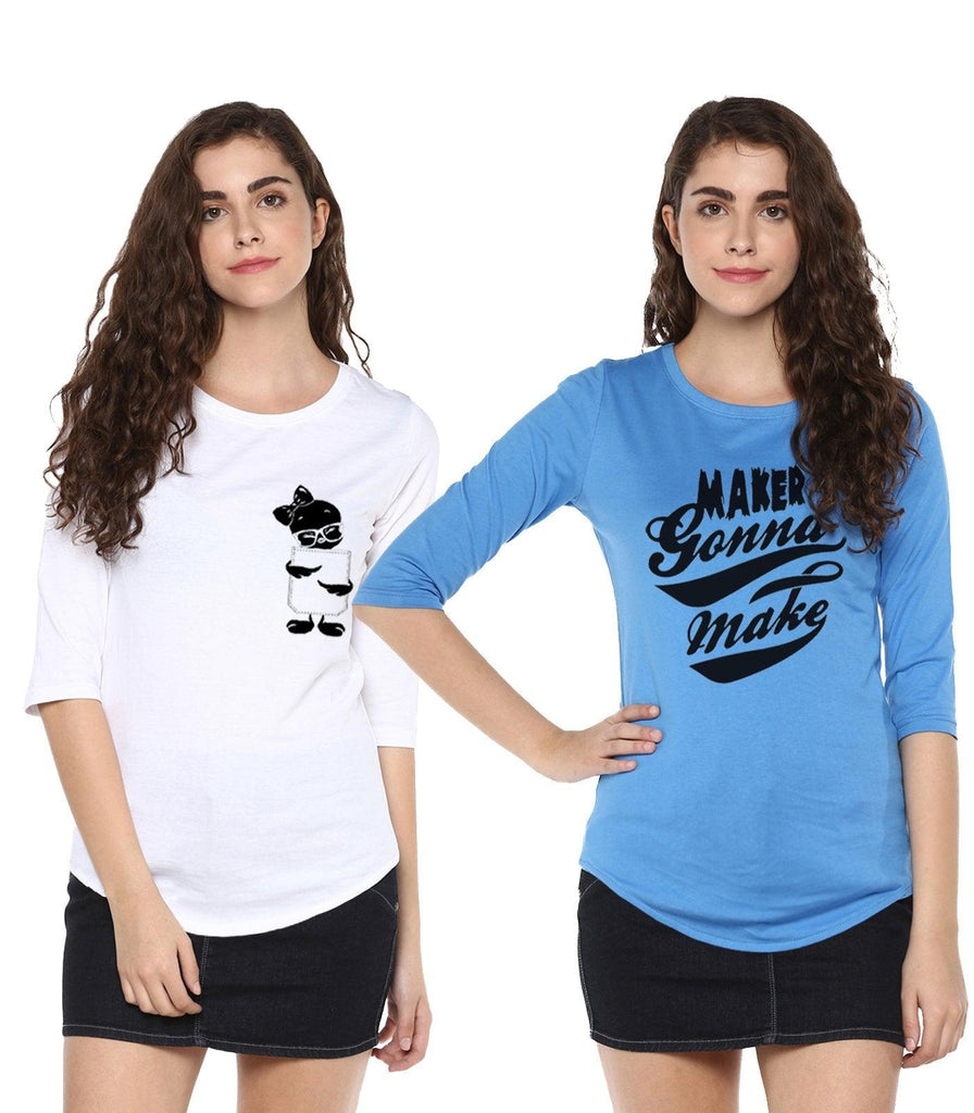Young Trendz Womens Combo 3/4th Sleeve Tweety Printed White Color and Maker Printed Sky Blue Color Tshirts - Young Trendz