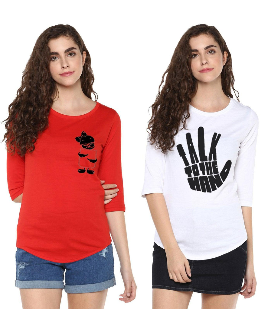 Young Trendz Womens Combo 3/4th Sleeve Tweety Printed Red Color and Talk Printed White Color Tshirts - Young Trendz