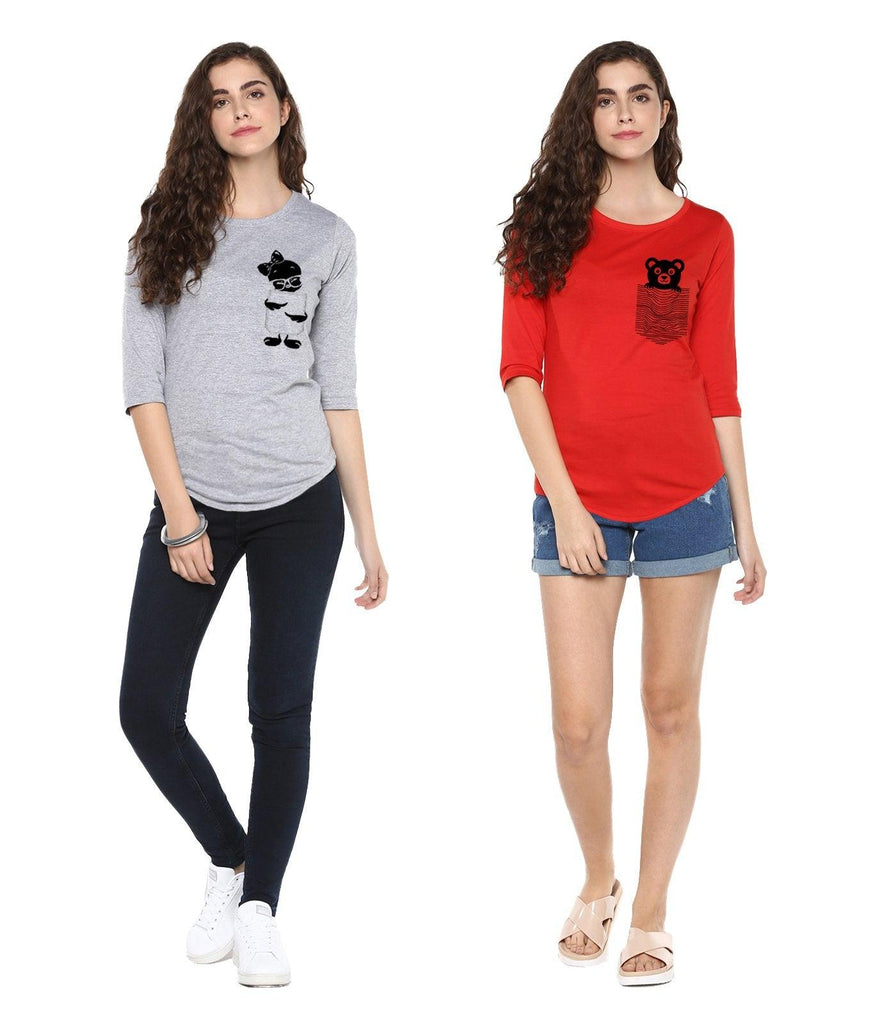 Young Trendz Womens Combo 3/4th Sleeve Tweety Printed Grey Color and Teddy Printed Red Color Tshirts - Young Trendz