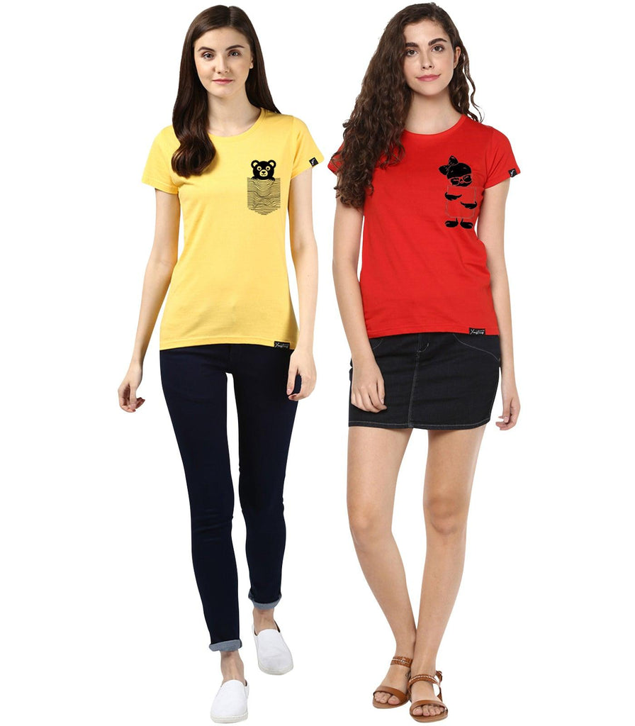 Young Trendz Womens Combo Half Sleeve Tweety Printed Red Color and Teddy Printed Yellow Color Tshirts - Young Trendz