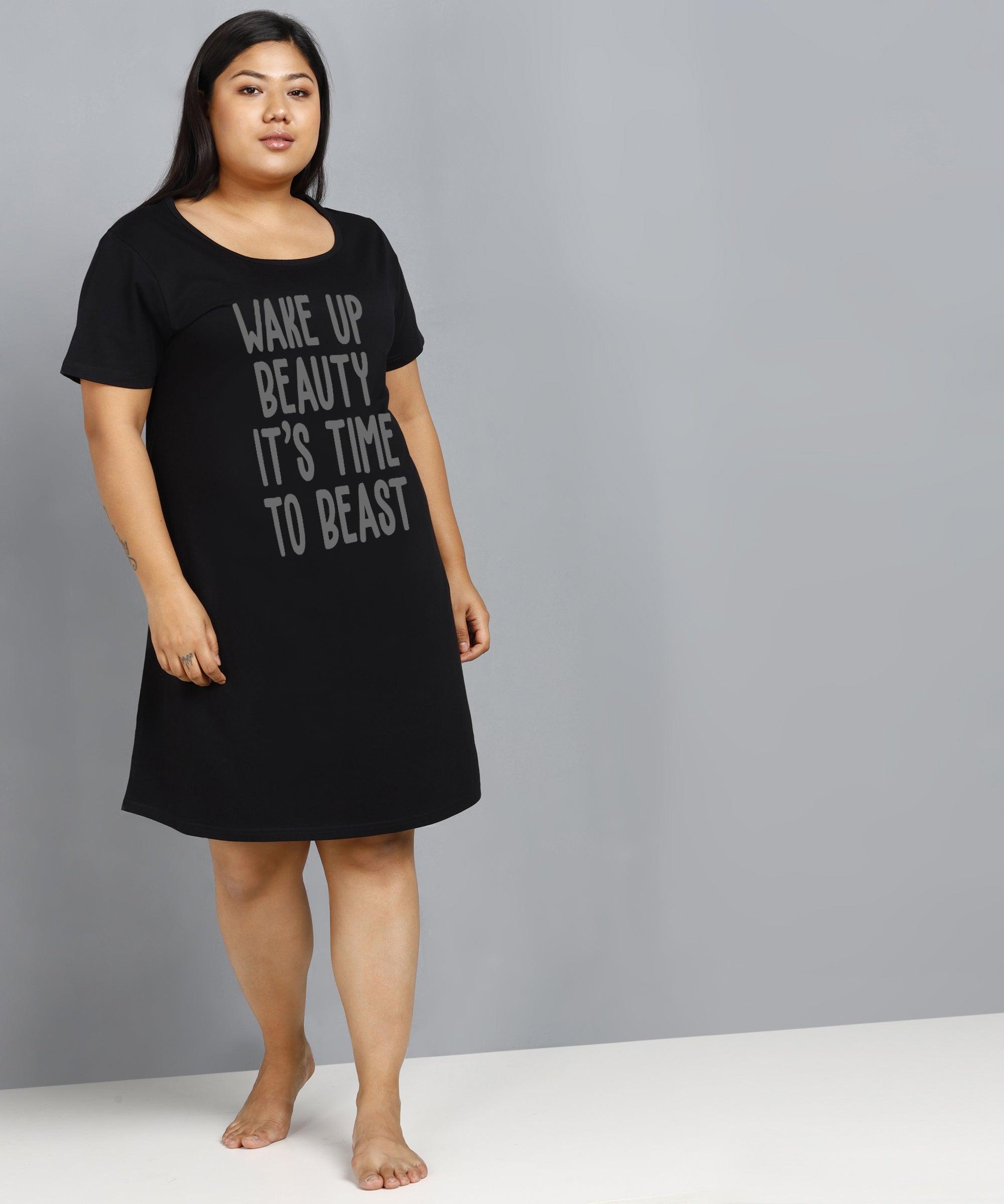 Womens Plus Size Printed Nighty (Black) - Young Trendz