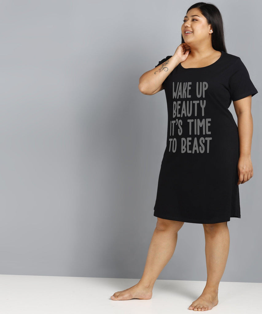 Womens Plus Size Printed Nighty (Black) - Young Trendz