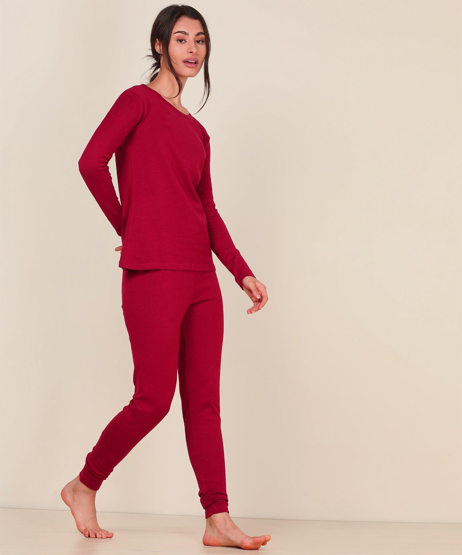 Thermal Tights & Full Sleeve Top Set for Winter Stretchable - Maroon - Young Trendz