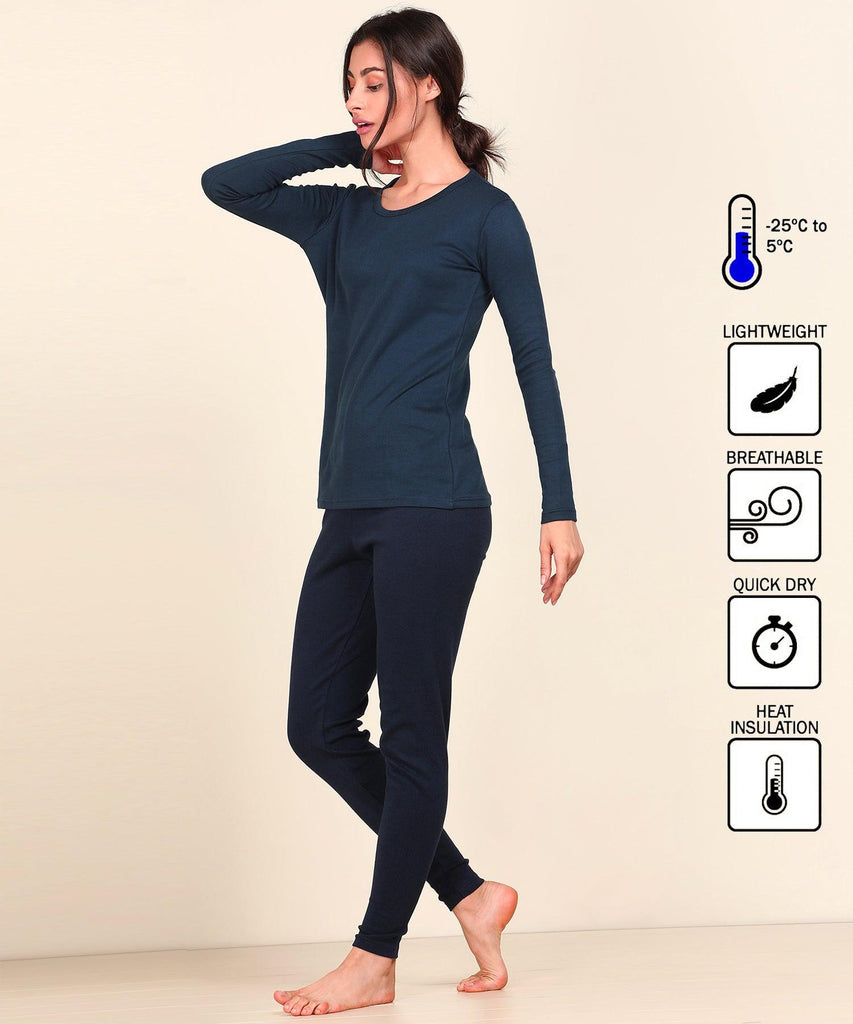 Thermal Tights & Full Sleeve Top Set for Winter Stretchable - Navy - Young Trendz