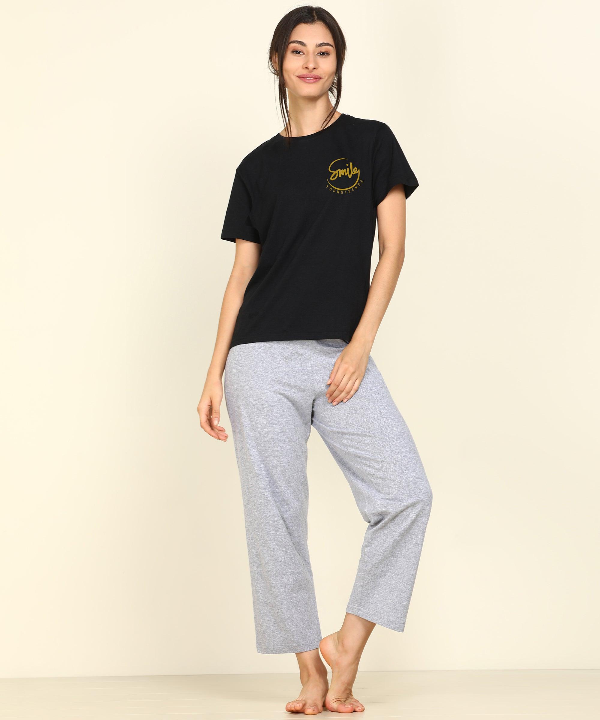 Women Printed T-shirt & Pyjama Set Pure Soft Cotton - Young Trendz