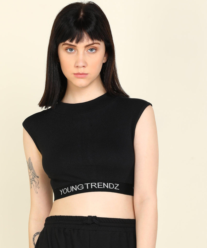 Womens SleeveLess Elastic Crop Rib Black Top - Young Trendz