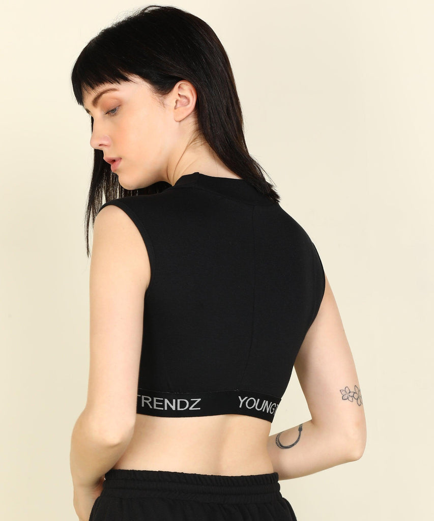 Womens SleeveLess Elastic Crop Rib Black Top - Young Trendz