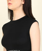 Womens SleeveLess Elastic Crop Rib Black Top - Young Trendz