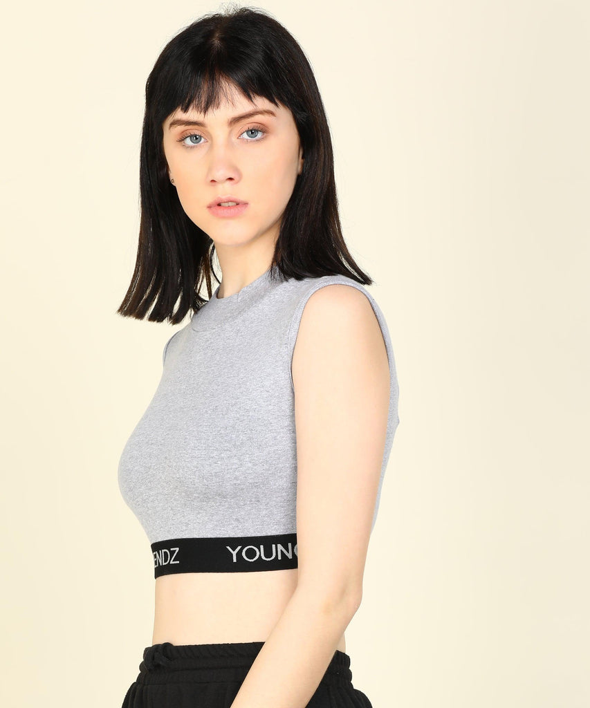 Womens SleeveLess Elastic Crop Rib Grey Top - Young Trendz