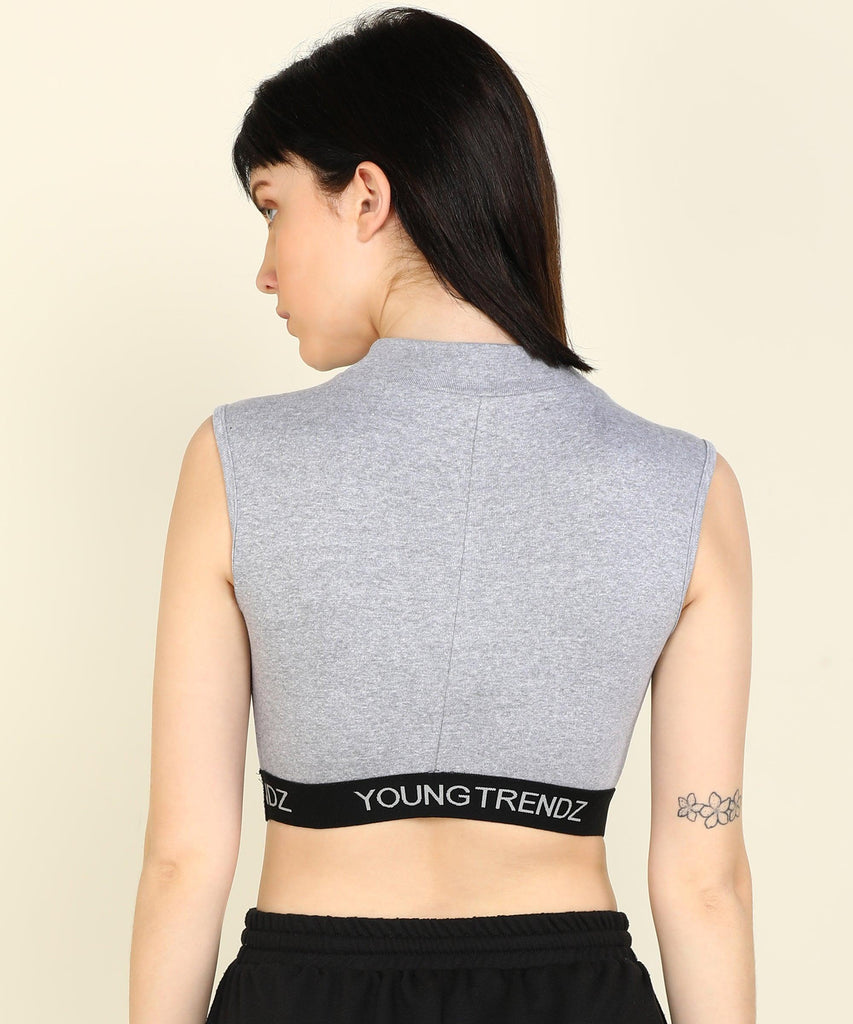 Womens SleeveLess Elastic Crop Rib Grey Top - Young Trendz