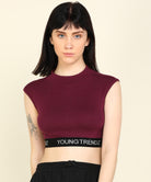 Womens SleeveLess Elastic Crop Rib Maroon Top - Young Trendz