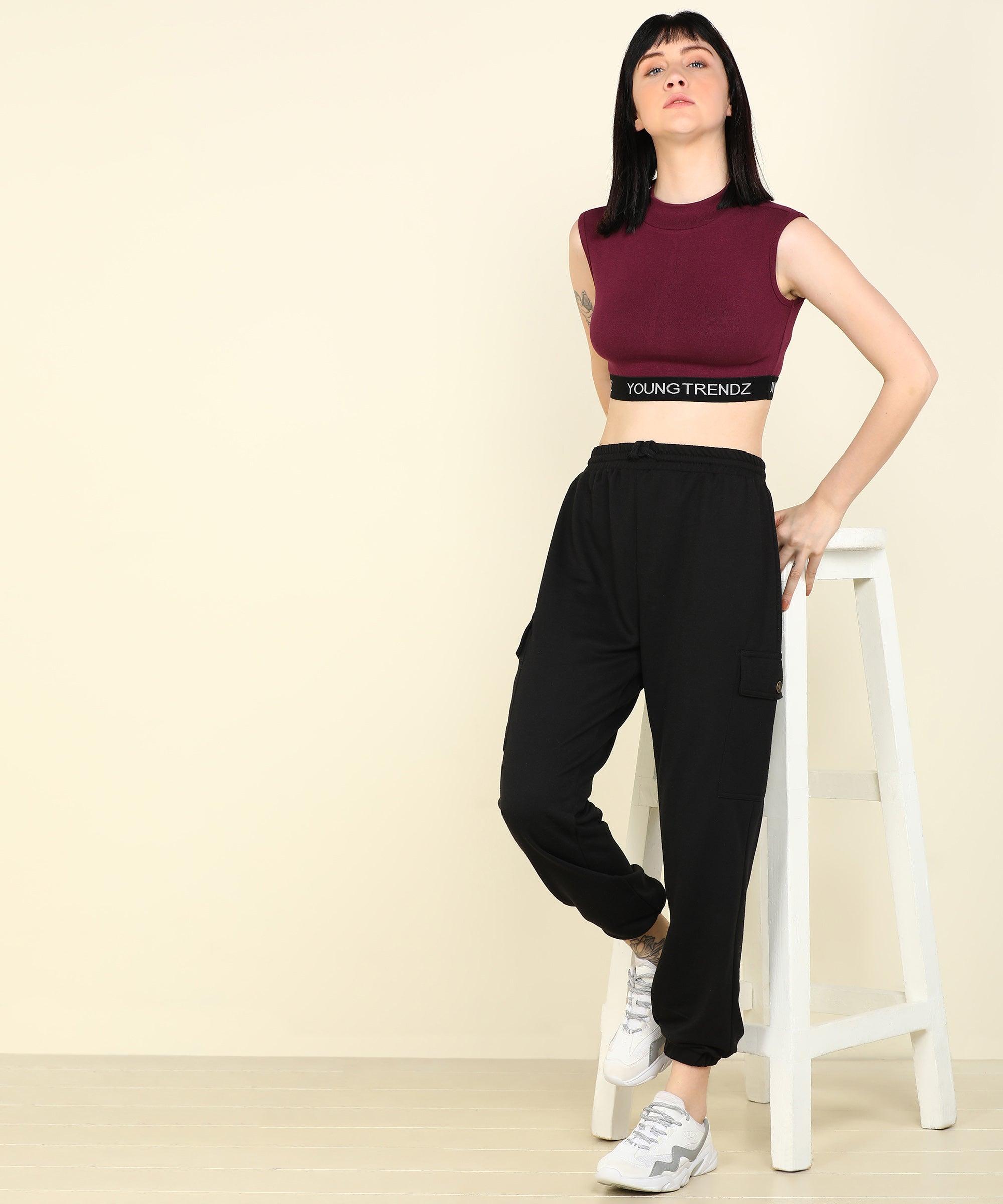 Womens SleeveLess Elastic Crop Rib Maroon Top - Young Trendz