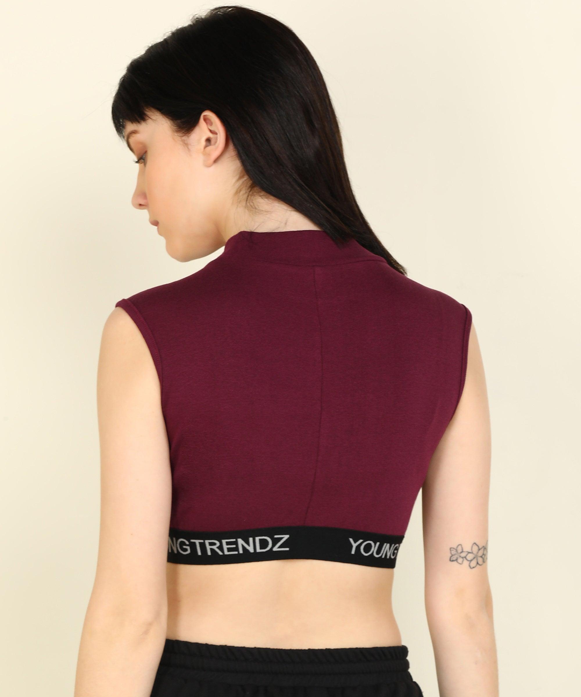 Womens SleeveLess Elastic Crop Rib Maroon Top - Young Trendz