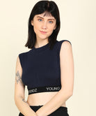 Womens SleeveLess Elastic Crop Rib Navy Top - Young Trendz