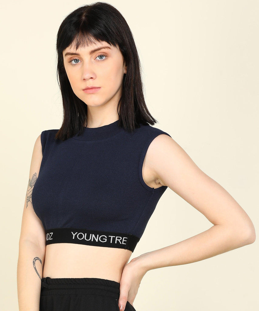Womens SleeveLess Elastic Crop Rib Navy Top - Young Trendz