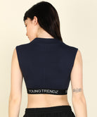 Womens SleeveLess Elastic Crop Rib Navy Top - Young Trendz