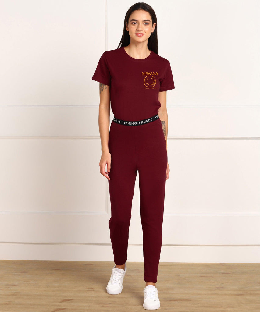 Womens Lounge Wear Regular Fit T-Shirt And Print Tights Set - Young Trendz