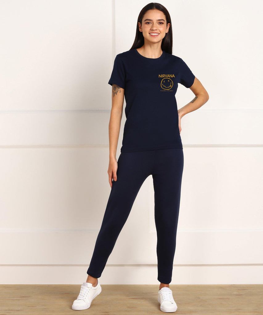 Womens Lounge Wear Regular Fit T-Shirt And Print Tights Set - Young Trendz