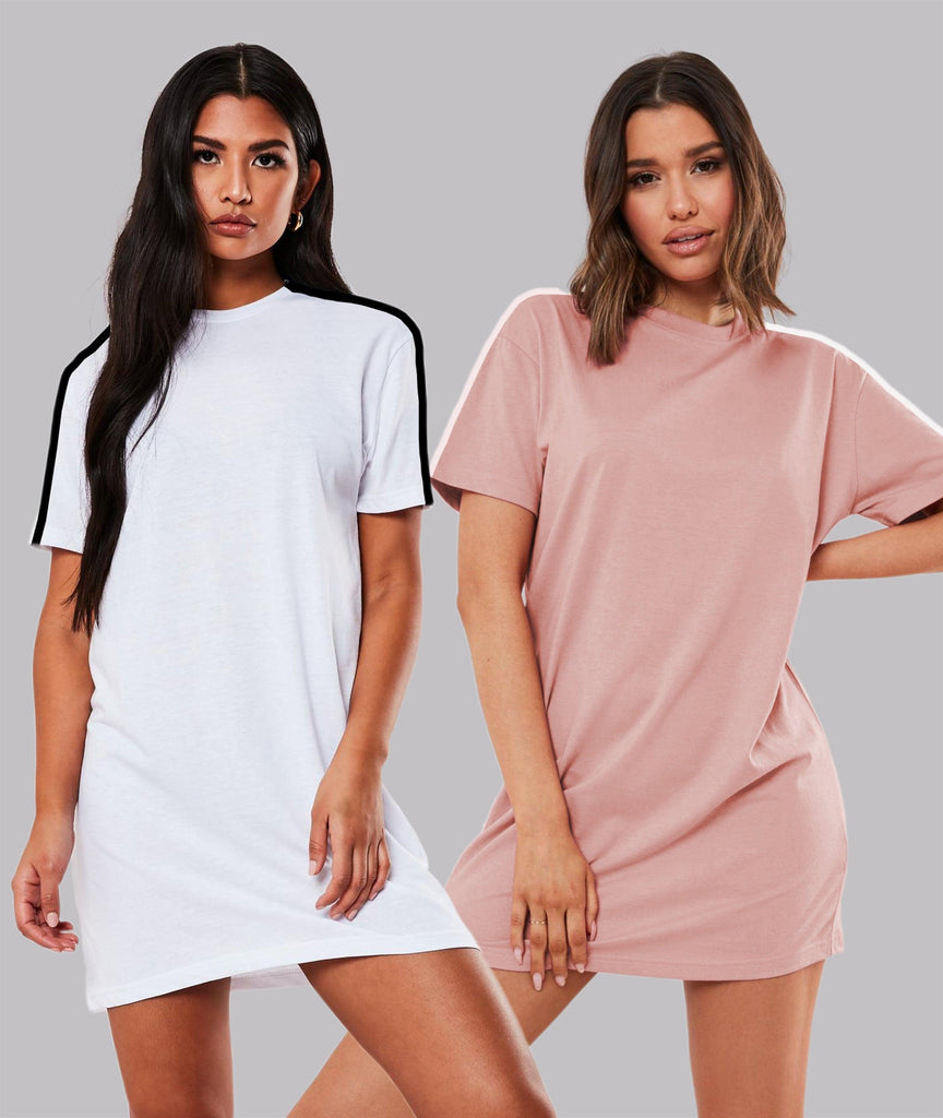 Women Sleeve striped Night Dress - Knee Length Combo(WHITE & PINK) - Young Trendz
