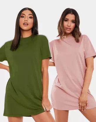 Women Sleeve striped Night Dress - Knee Length Combo (PINK&OLIVE) - Young Trendz