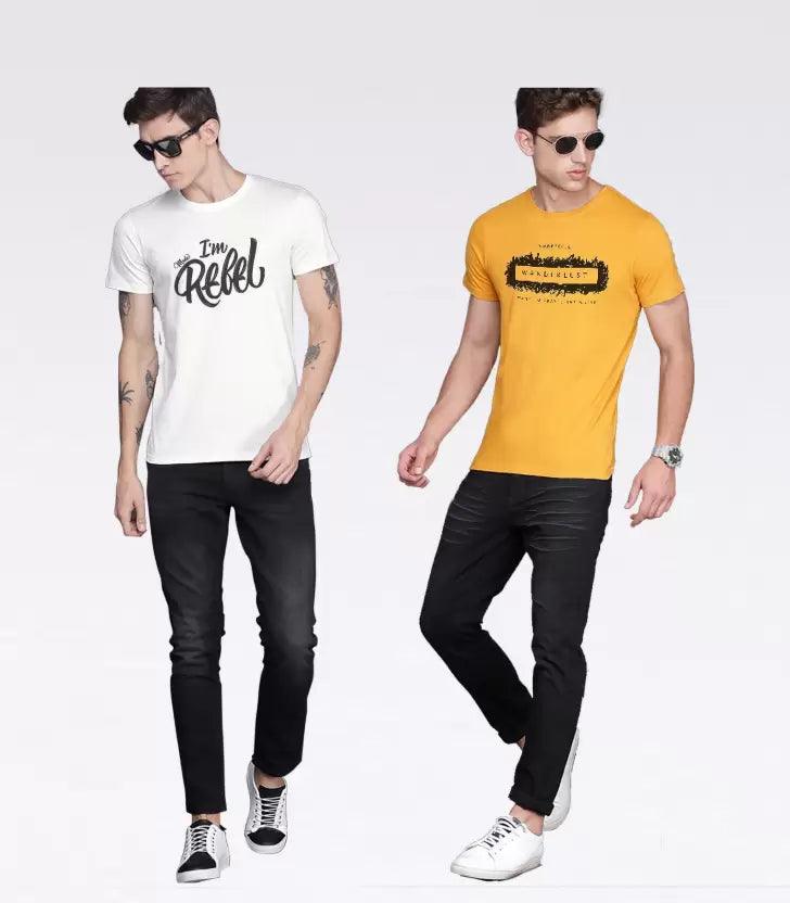 Young Trendz Mens Printed round neck Halfsleeve Tshirt (White & Mustard) - Young Trendz