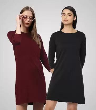Women Night Dress 3/4 Sleeve Combo (Black, Maroon) - Young Trendz