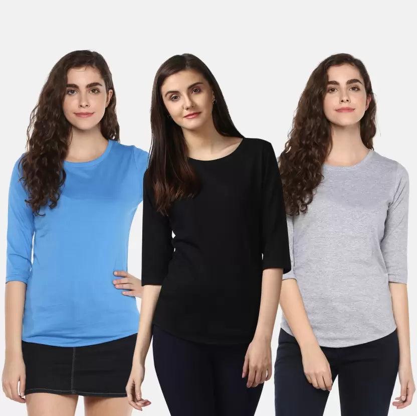 Pack of 3 Women Self Design, Solid Round Neck T-Shirt (BLACK,GREY,SKYBLUE) - Young Trendz
