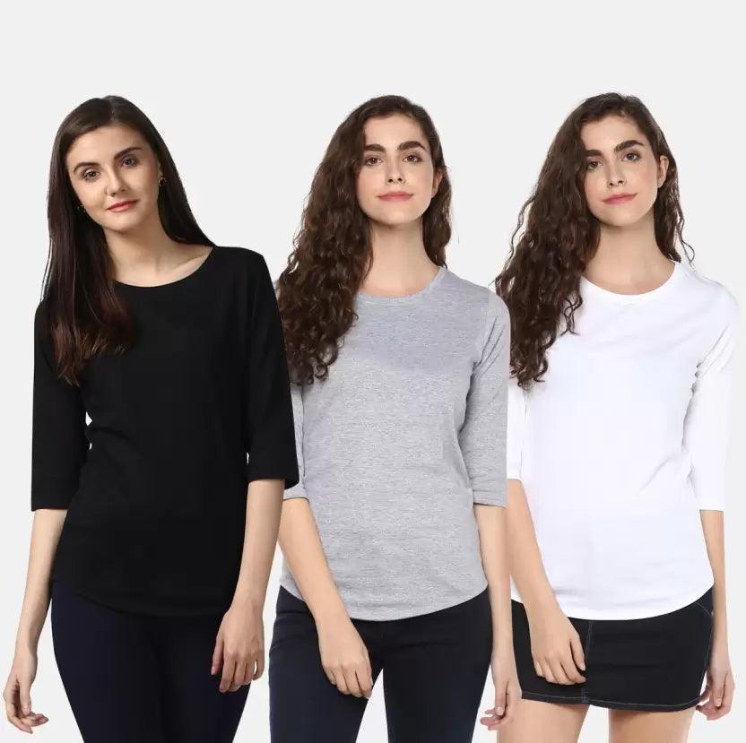 Pack of 3 Women Self Design, Solid Round Neck T-Shirt (BLACK GREY WHITE) - Young Trendz