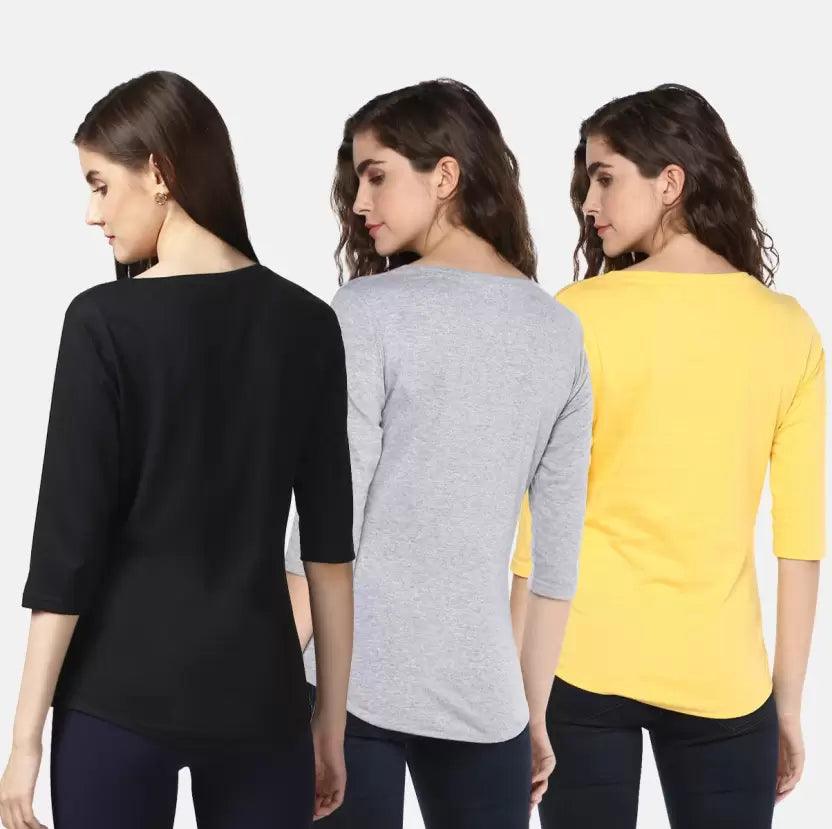 Pack of 3 Women Self Design, Solid Round Neck Multicolor T-Shirt (BLACK,GREY,YELLOW) - Young Trendz