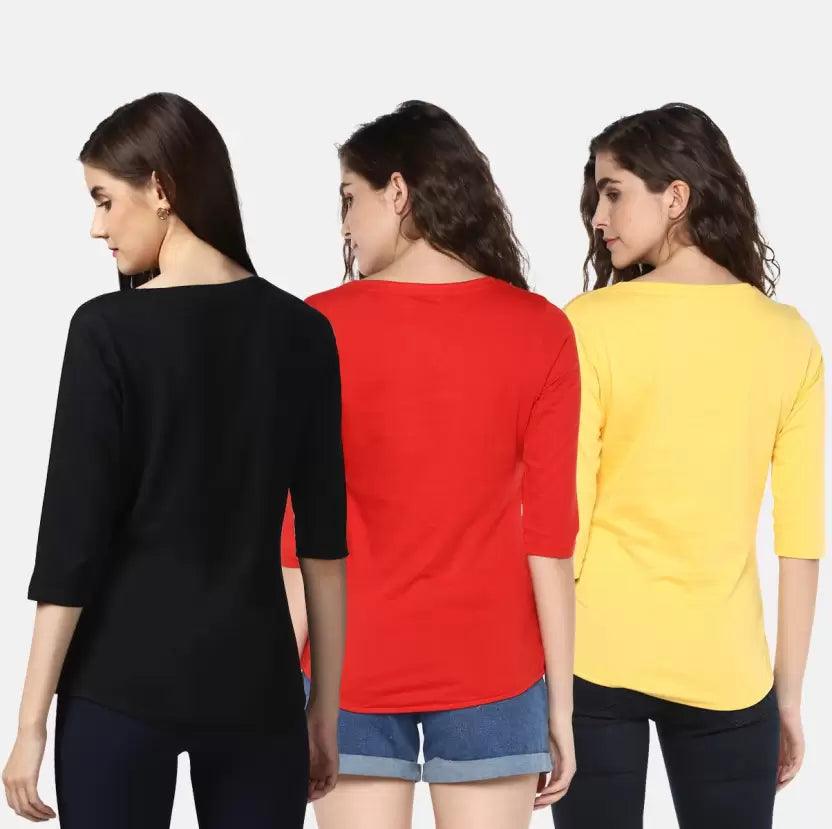 Pack of 3 Women Self Design, Solid Round Neck T-Shirt (BLACK,RED,YELLOW) - Young Trendz