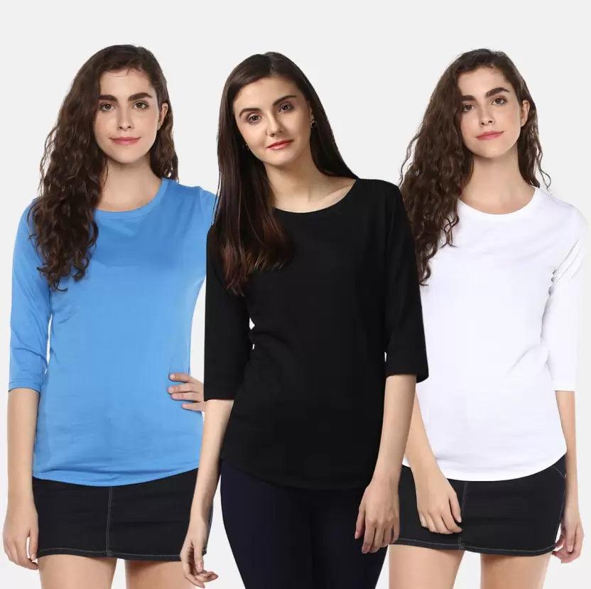 Pack of 3 Women Self Design, Solid Round Neck T-Shirt (BLACK SKYBLUE,WHITE) - Young Trendz