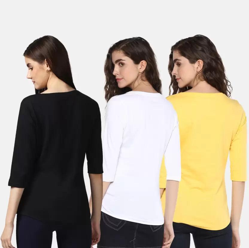 Pack of 3 Women Self Design, Solid Round Neck Tshirt (BLACK,WHITE,YELOLOW) - Young Trendz