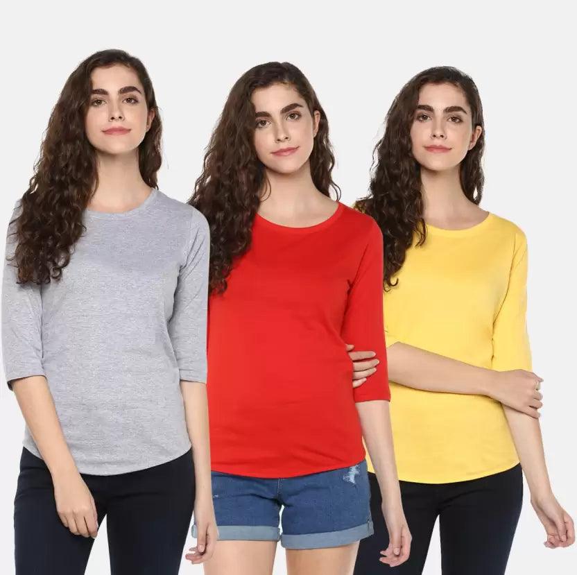 Pack of 3 Women Self Design, Solid Round Neck T-Shirt (Red, Grey, Yellow) - Young Trendz