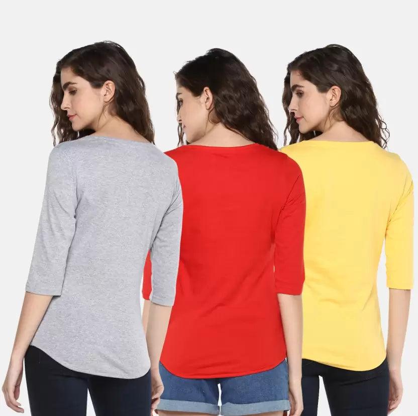 Pack of 3 Women Self Design, Solid Round Neck T-Shirt (Red, Grey, Yellow) - Young Trendz