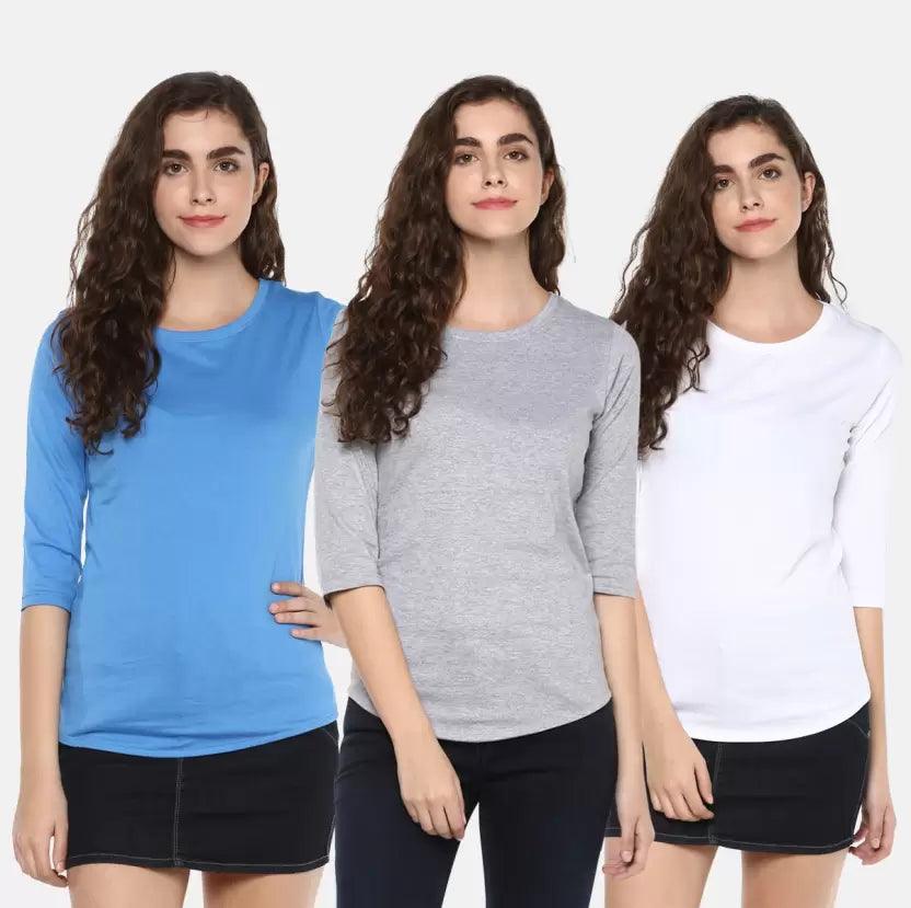 Pack of 3 Women Self Design, Solid Round Neck T-Shirt (GREY SKYBLUE WHITE) - Young Trendz